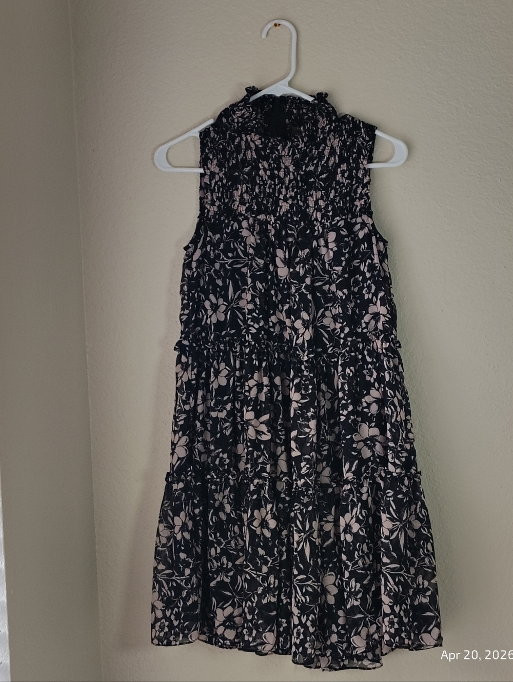 Taylor Dress Womens Sz XS Floral Sleeveless Mock Neck Smocked Chiffon Mini Black
